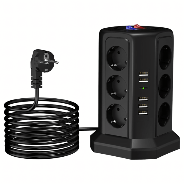 Ant grindų pastatomas žaibo apsaugos maitinimo lizdas, 12 lizdų + 5 USB prievadai perkrovimui