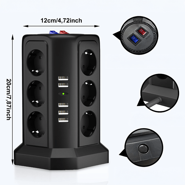 Listwa Zasilająca Stojąca Ochronna Odgromowa 12 Gniazd + 5 Portów Usb Reset 20