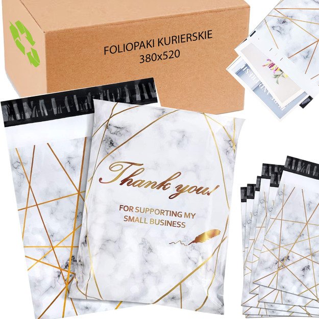FOLIOPAKI KURIERSKIE MOCNE 380x520 ZŁOTY MARMUR THANK YOU 50szt