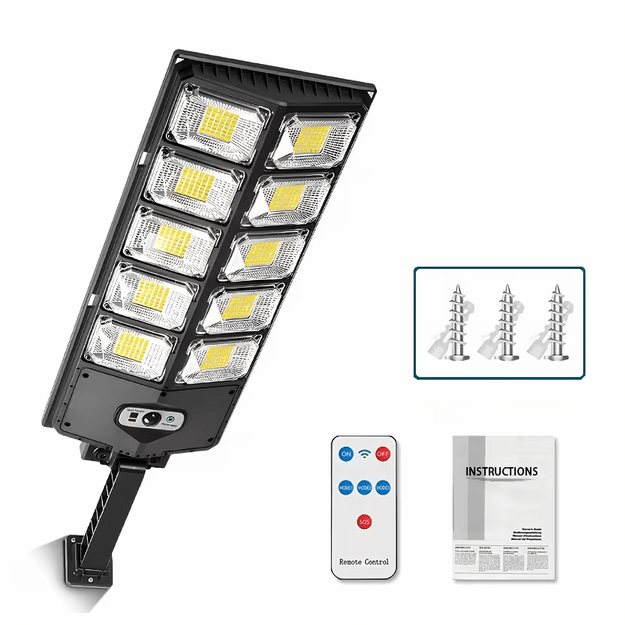 Päikeseenergial töötav LED-lamp liikumisanduri ja hämaruseanduriga õue- ja aiale + kaugjuhtimispult