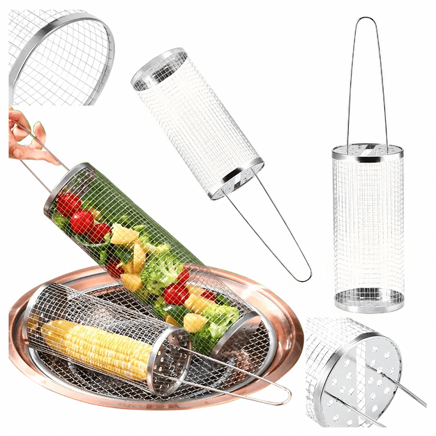 Grozs dārzeņu, frī kartupeļu, zivju grilēšanai, grila rullītis, rotējošs