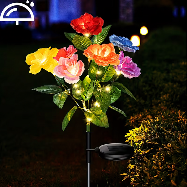 2 x saulės energija varomos sodo lempos su rožių žiedų dekoracijomis, saulės energija varomos LED gėlės