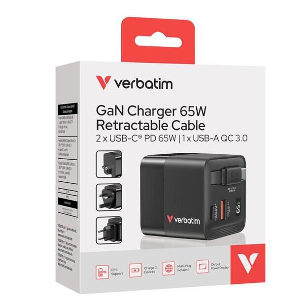 Verbatim - 65W 2 Port with Retractable Cable