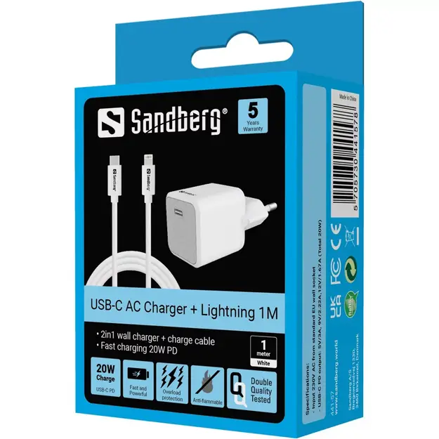Sandberg - USB-C AC Charger 20W +Lightning 1M