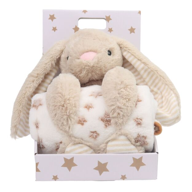 Carlo Baby - Fleece Blanket Beige Star & Stuffed Animal Beige Rabbit (18433)
