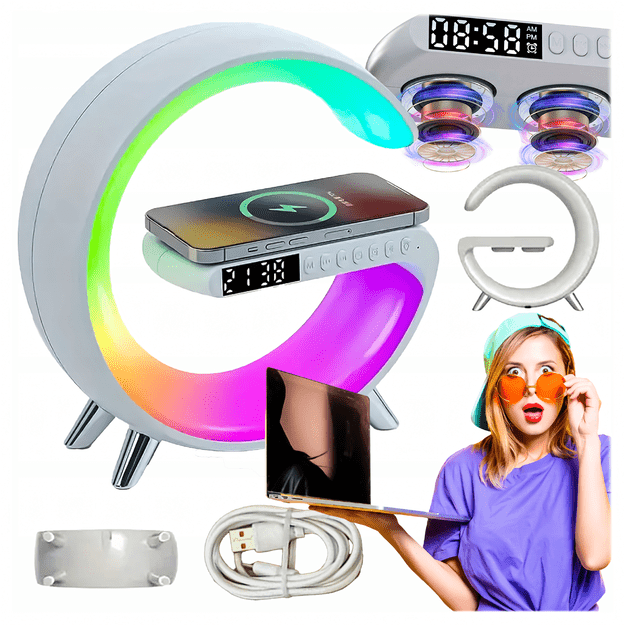 Lampka Nocna Led Sterowana Telefonem Indukcja Qi Głośnik Zegar Budzik RGB