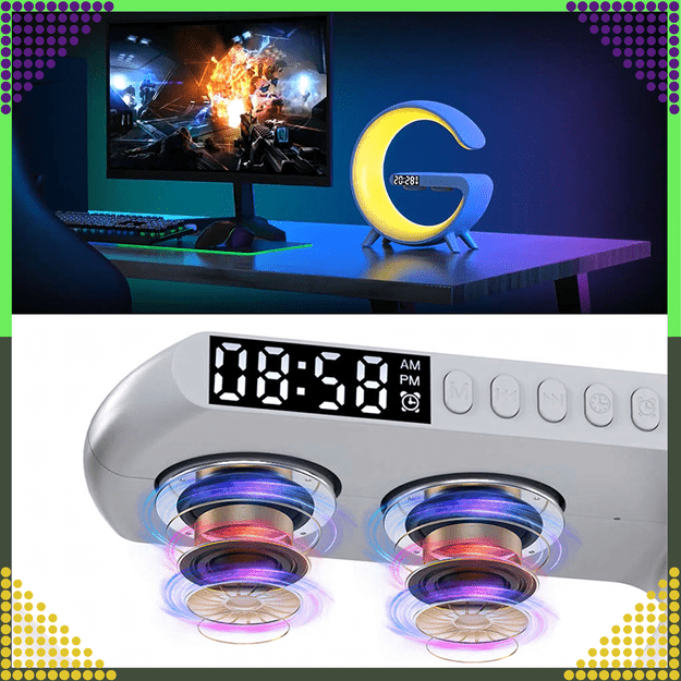Lampka Nocna Led Sterowana Telefonem Indukcja Qi Głośnik Zegar Budzik RGB 6