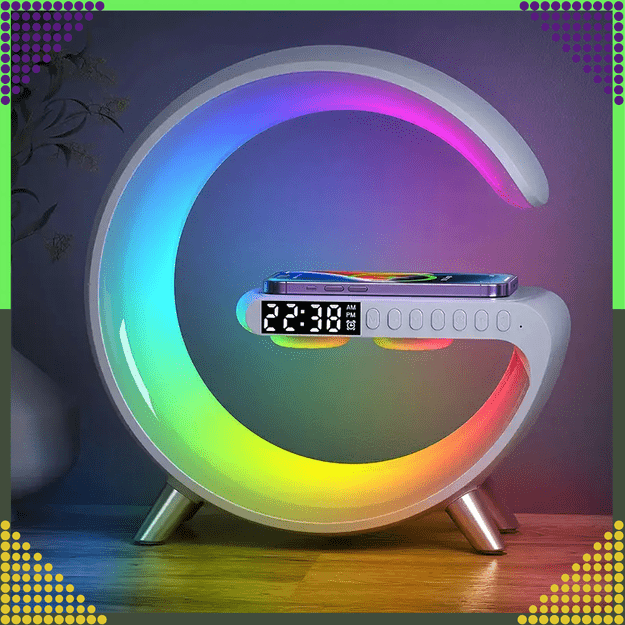 Lampka Nocna Led Sterowana Telefonem Indukcja Qi Głośnik Zegar Budzik RGB 15