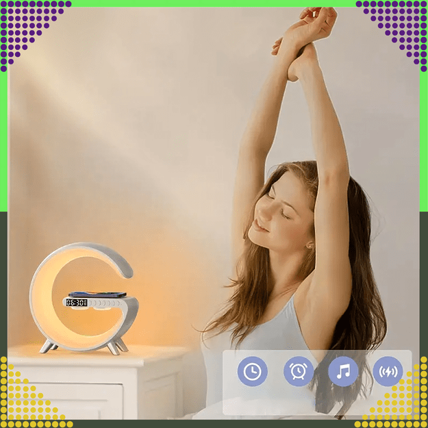 Lampka Nocna Led Sterowana Telefonem Indukcja Qi Głośnik Zegar Budzik RGB 11