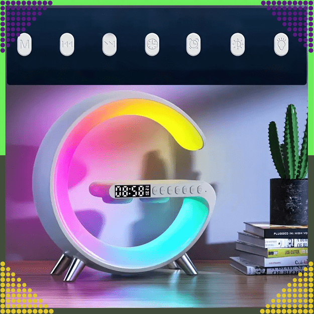 Lampka Nocna Led Sterowana Telefonem Indukcja Qi Głośnik Zegar Budzik RGB 8
