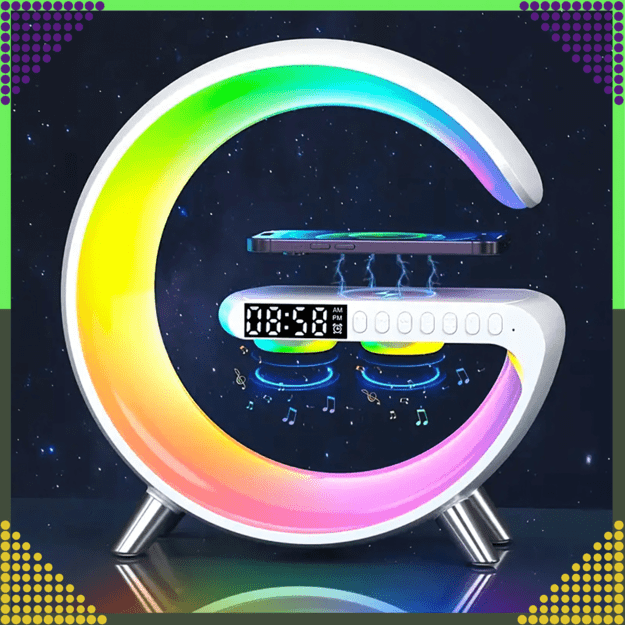 LED naktinė lemputė, valdoma telefonu, Qi indukcija, garsiakalbis, laikrodis, žadintuvas, RGB