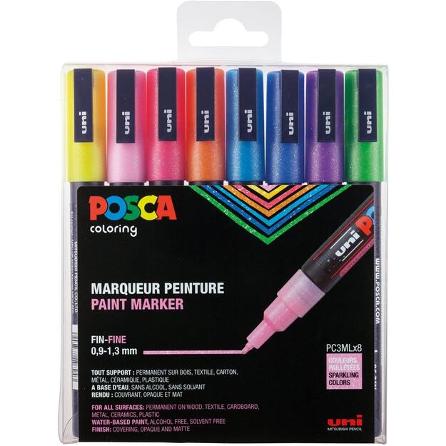 Posca - PC3M - Fine Tip Pen - Sparkling Colors, 8 pc