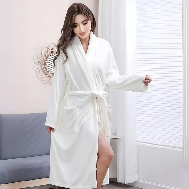 Sieviešu viesnīcas halāts klasisks, ērts, silts, sasienams, mīksts, balts