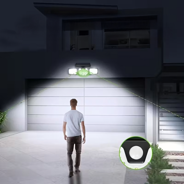 4-vienā saules enerģijas āra ielu lampa ar kustības sensoru un krēslas režīmu, jaudīgas 74 gaismas diodes