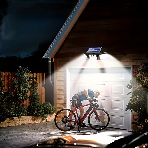 4-vienā saules enerģijas āra ielu lampa ar kustības sensoru un krēslas režīmu, jaudīgas 74 gaismas diodes