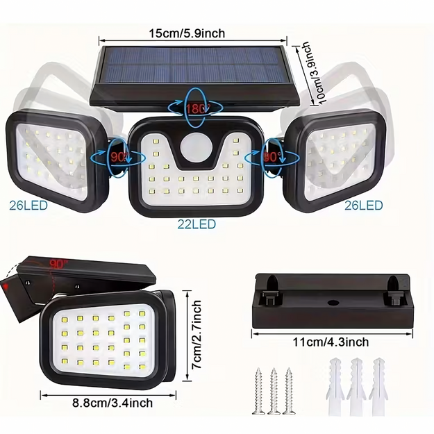 4-vienā saules enerģijas āra ielu lampa ar kustības sensoru un krēslas režīmu, jaudīgas 74 gaismas diodes