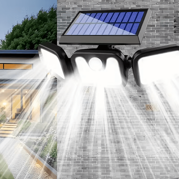 4-ühes päikeseenergial töötav tänavalamp liikumisanduri ja hämaravalgusega, võimsad 74 LED-i