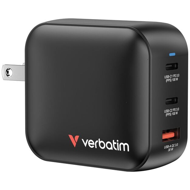 Verbatim - 100WGaN Charger, 3 Port US plug with EU and UK adaptors