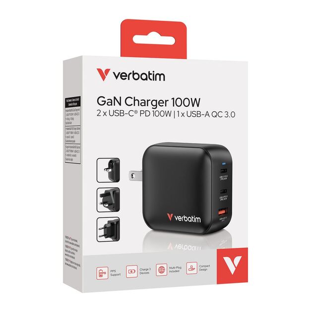 Verbatim - 100WGaN Charger, 3 Port US plug with EU and UK adaptors