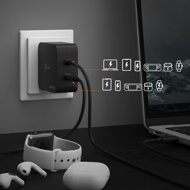 J5create - 102W GaN PD USB-C 2-Port Charger, Interchangeable AC Plugs