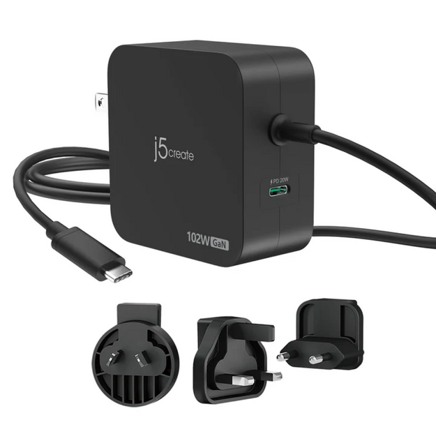 J5create - 102W GaN PD USB-C 2-Port Charger, Interchangeable AC Plugs