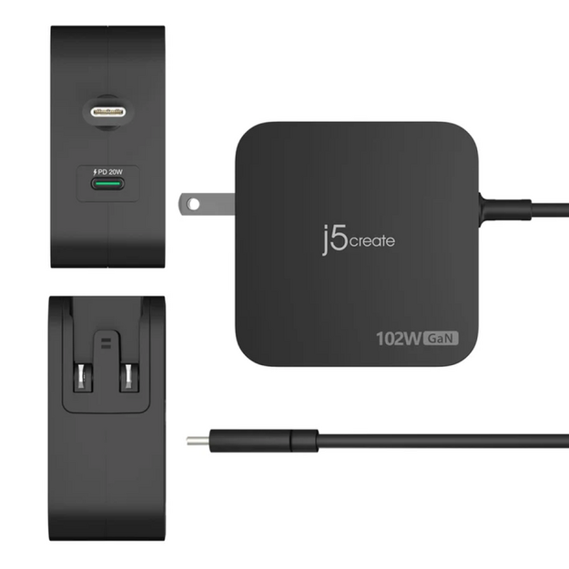 J5create - 102W GaN PD USB-C 2-Port Charger, Interchangeable AC Plugs