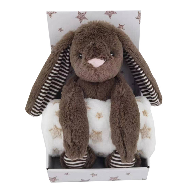 Carlo Baby - Fleece Blanket Beige Star & Stuffed Animal Dark Brown Rabbit (18432)