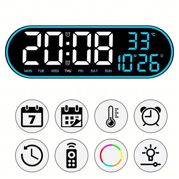 Zegar Ścienny Elektroniczny Cyfrowy Duży Led Temperatura Budzik 38 cm Pilot 3