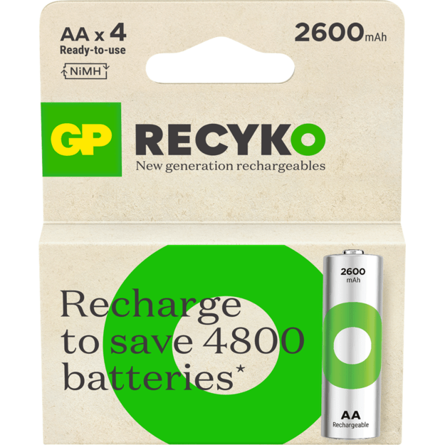 GP - ReCyko Rechargeable Battery  Size AA, 2600 mAh, 4-pack