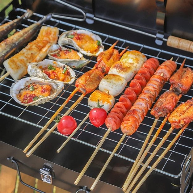 GRILL OGRODOWY TURYSTYCZNY SKŁADANY PRZENOŚNY WALIZKA + SZTUĆCE + 4 x MATA 33