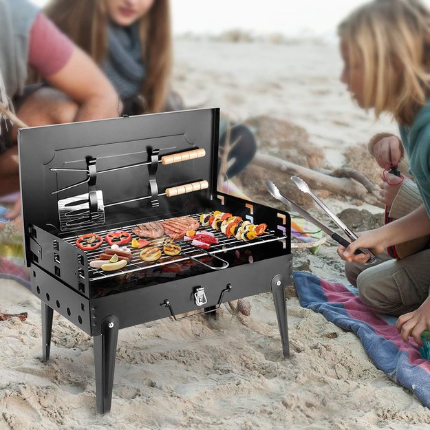 GRILL OGRODOWY TURYSTYCZNY SKŁADANY PRZENOŚNY WALIZKA + SZTUĆCE + 4 x MATA 32
