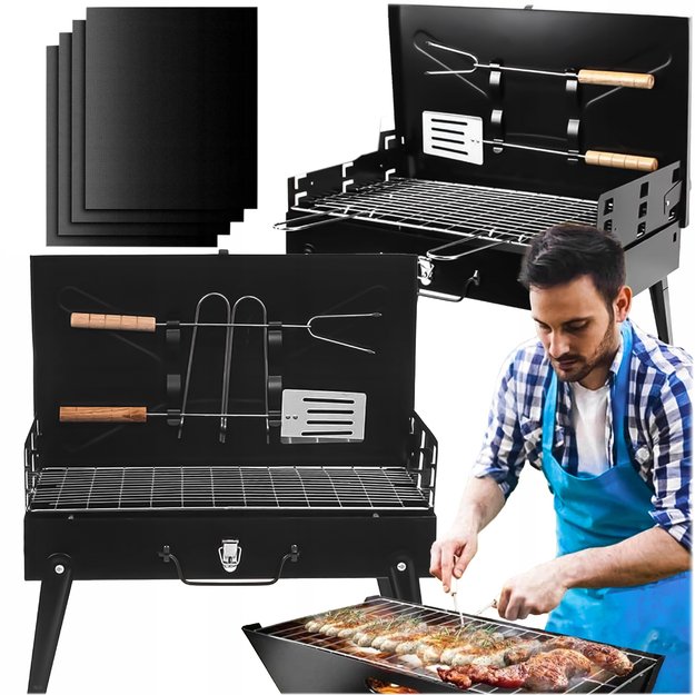 GRILL OGRODOWY TURYSTYCZNY SKŁADANY PRZENOŚNY WALIZKA + SZTUĆCE + 4 x MATA 19