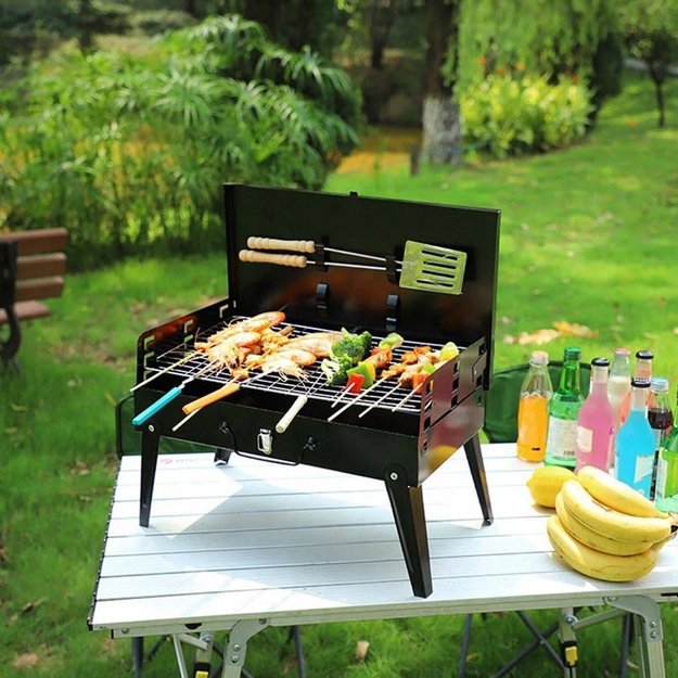 GRILL OGRODOWY TURYSTYCZNY SKŁADANY PRZENOŚNY WALIZKA + SZTUĆCE + 4 x MATA 22