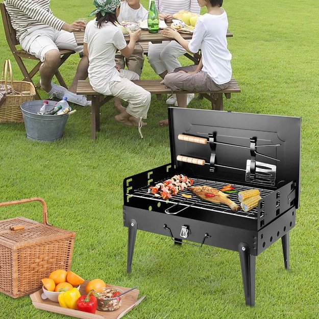 GRILL OGRODOWY TURYSTYCZNY SKŁADANY PRZENOŚNY WALIZKA + SZTUĆCE + 4 x MATA 31