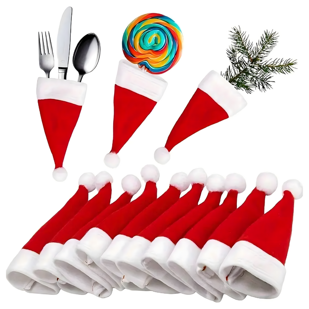 12x Ziemassvētku galda piederumu maciņi, Ziemassvētku vāciņi, Ziemassvētku vecīša cepure