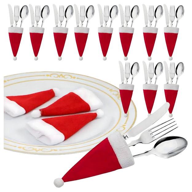 12x Ziemassvētku galda piederumu maciņi, Ziemassvētku vāciņi, Ziemassvētku vecīša cepure