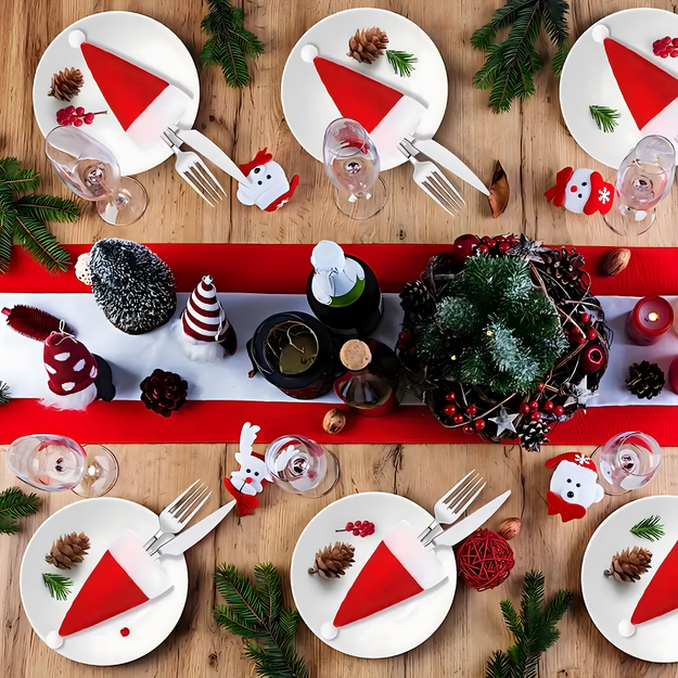 12x Ziemassvētku galda piederumu maciņi, Ziemassvētku vāciņi, Ziemassvētku vecīša cepure