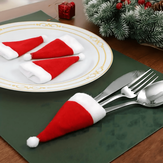 12 kalėdinių stalo įrankių dėklų užvalkalų, kalėdinis užvalkalas Kalėdų Senelio kepurei