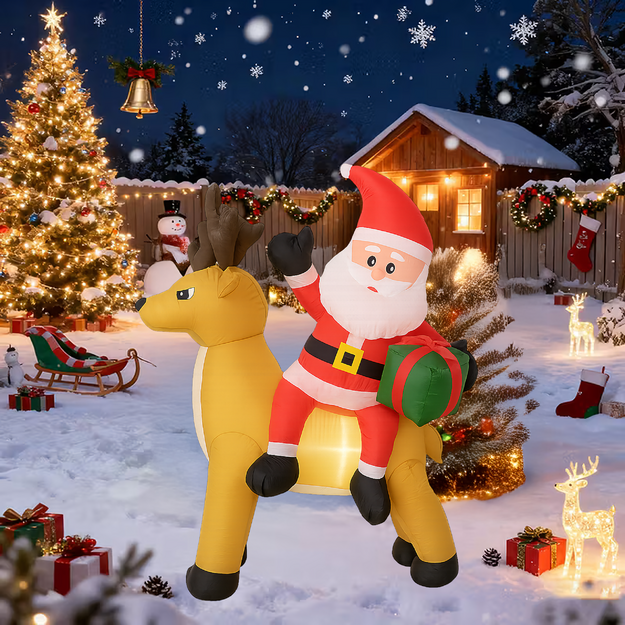 Piepūšams Ziemassvētku vecītis ar ziemeļbriežiem, 1,5 m Ziemassvētku rotājums ar LED gaismu