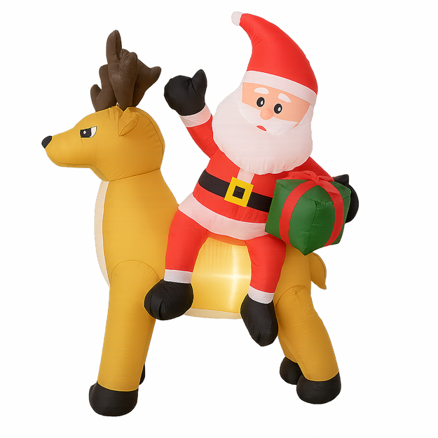 Piepūšams Ziemassvētku vecītis ar ziemeļbriežiem, 1,5 m Ziemassvētku rotājums ar LED gaismu