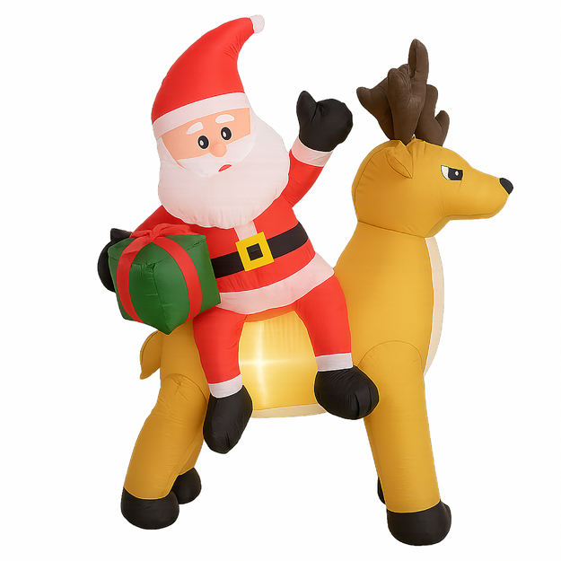 Piepūšams Ziemassvētku vecītis ar ziemeļbriežiem, 1,5 m Ziemassvētku rotājums ar LED gaismu