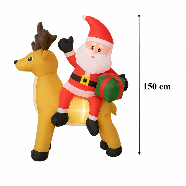 Piepūšams Ziemassvētku vecītis ar ziemeļbriežiem, 1,5 m Ziemassvētku rotājums ar LED gaismu