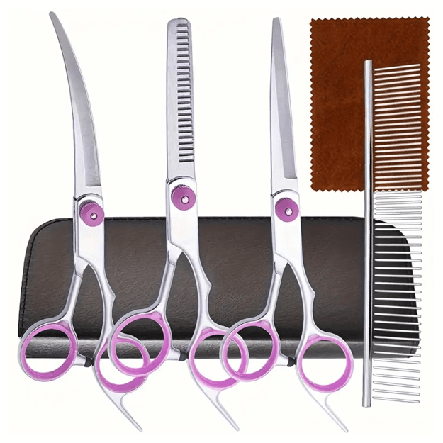 Profesionalus šunų ir kačių priežiūros žirklių rinkinys (4 vnt.) su dėklu