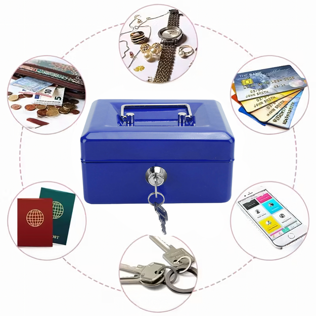 Metallist rahakarp müntide, müntide, rahatähtede, dokumentide, seifi ja võtmete jaoks