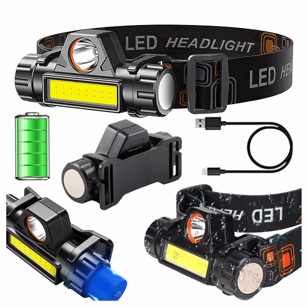 4 viename priekinis LED žibintas su magnetu ir baterija