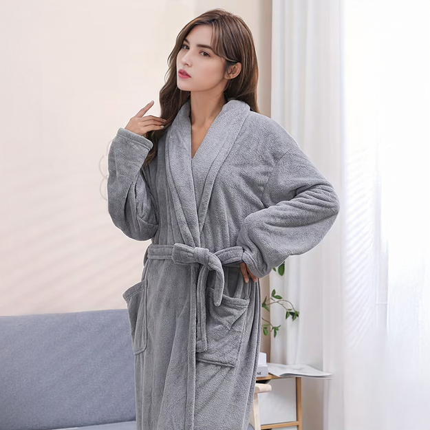 Sieviešu viesnīcas halāts klasisks, ērts, silts, sasiets, mīksts, pelēks