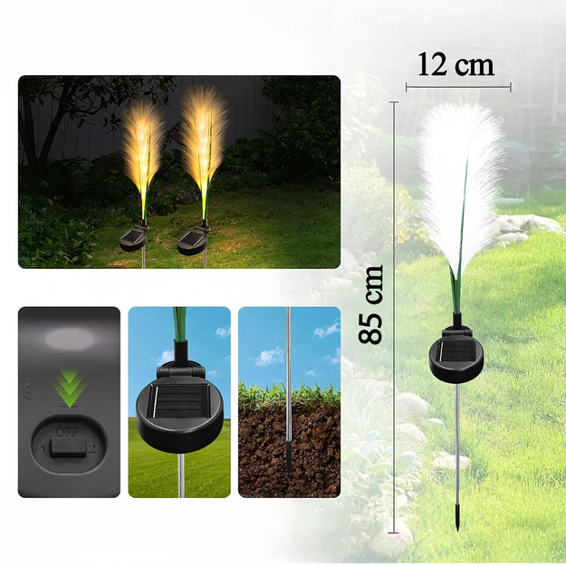 2x saules dārza lampas, pampas zāle, dekoratīvs LED panelis, 85 cm