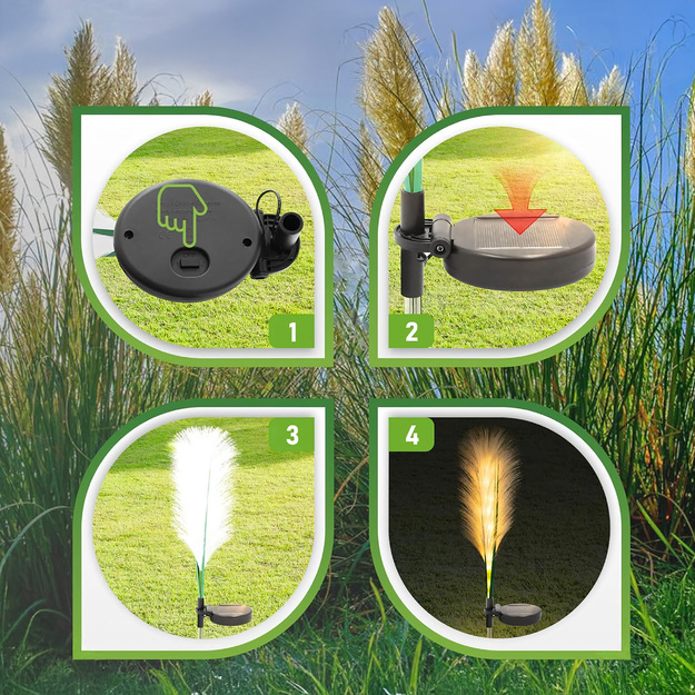 2x saules dārza lampas, pampas zāle, dekoratīvs LED panelis, 85 cm