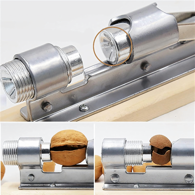 Tērauda riekstkodis uz koka pamatnes Drupinātājs-skaldītājs