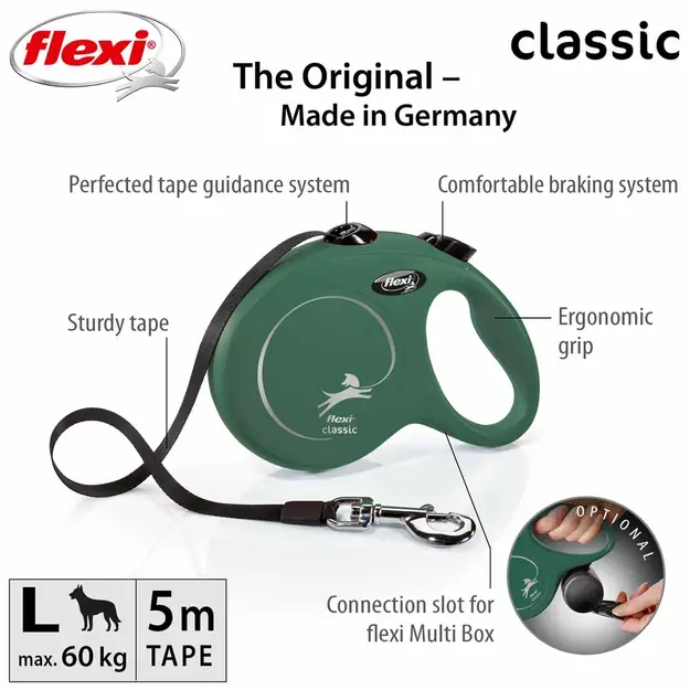 Flexi - Koppel New Classic - L - 5m Band - Olive - Max 50kg